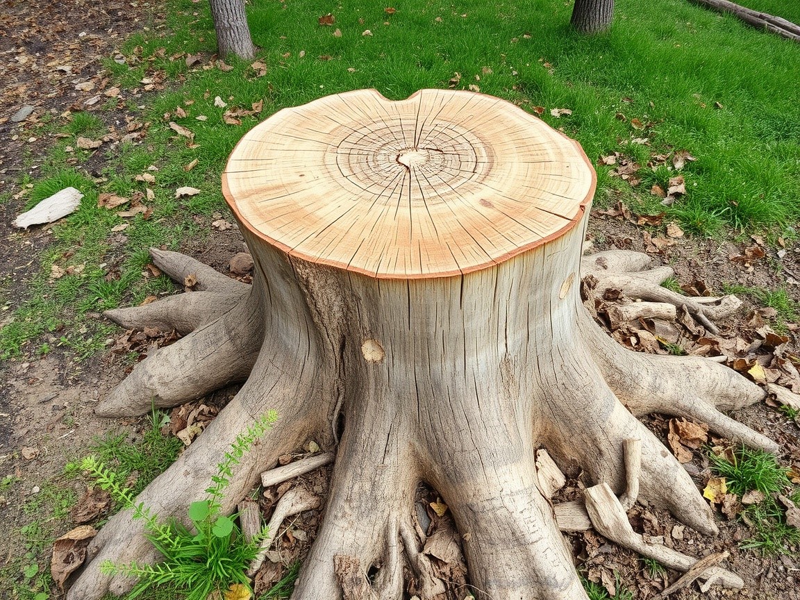 A tree stump is visible with roots exposed after removal.