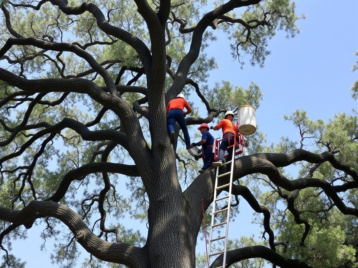 A team of professionals is trimming the branches of a large oak tree.