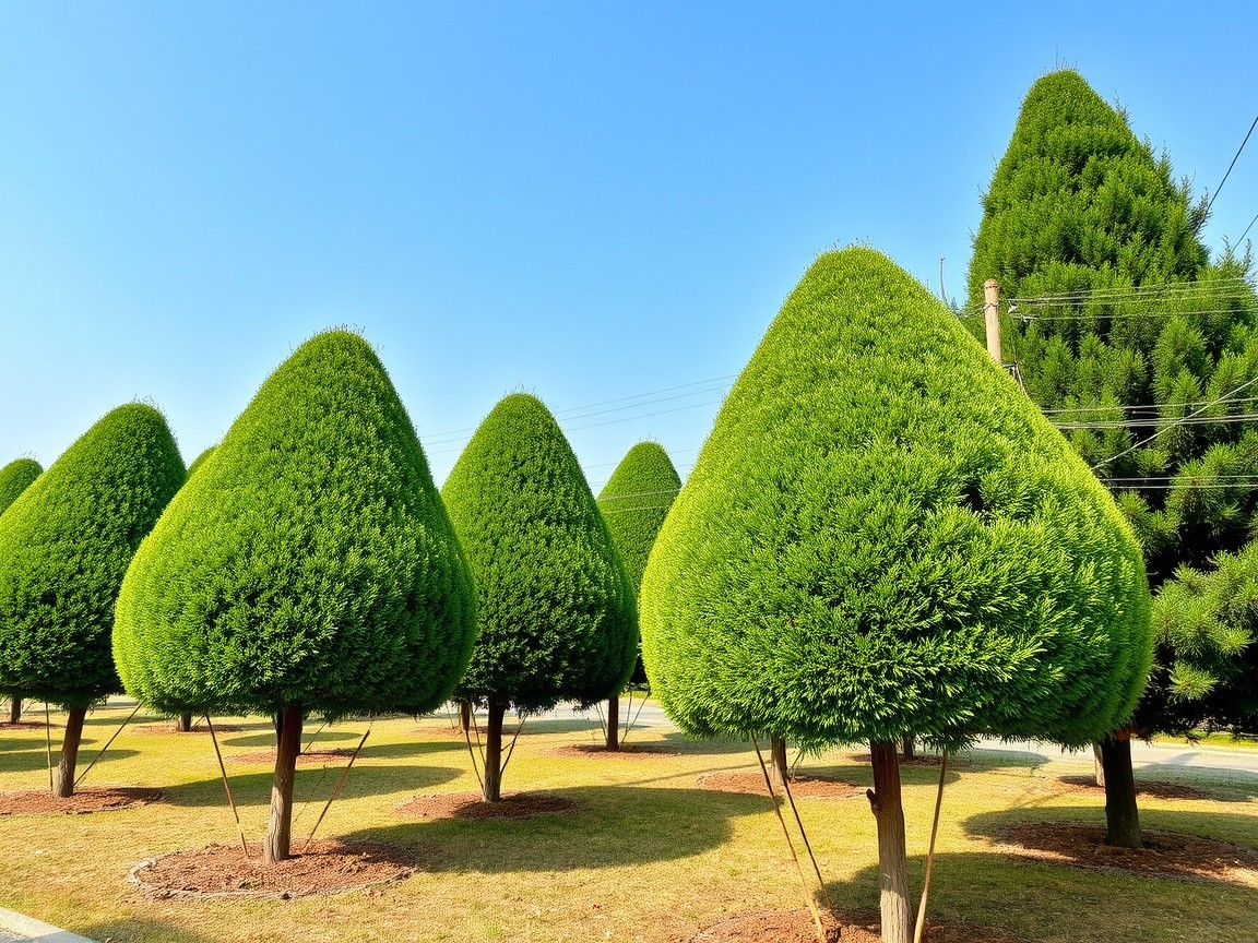 Several trees are neatly trimmed, showcasing their healthy shape.