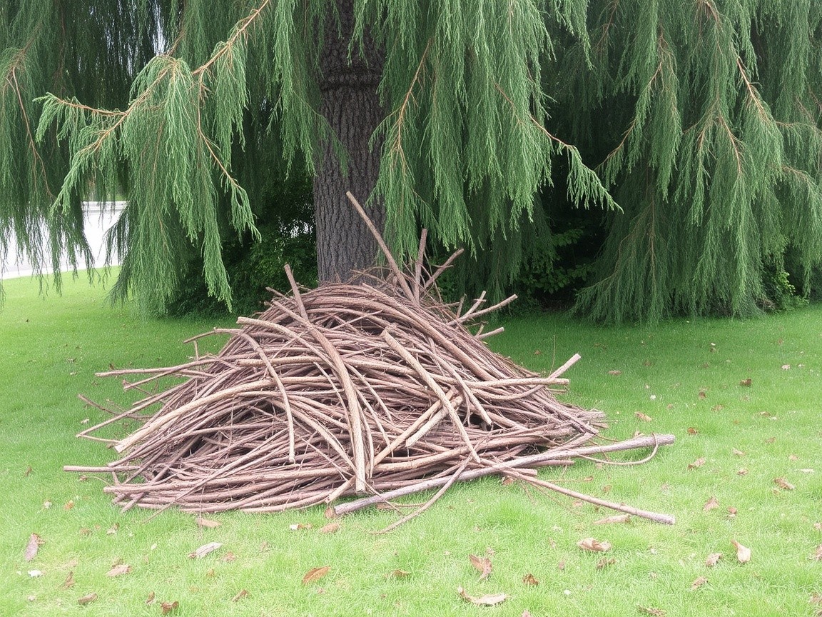 A pile of trimmed branches sits neatly on the grass beside the tree.