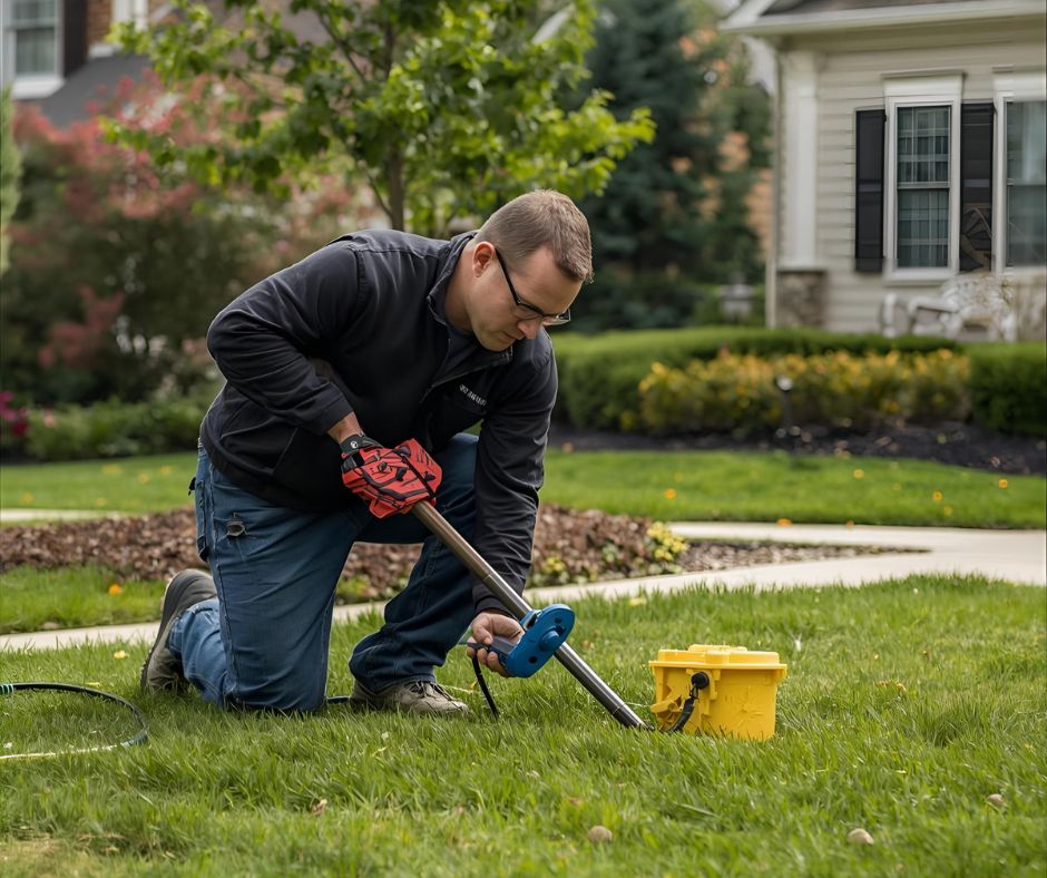 Technician inspecting lawn condition before starting aeration service.