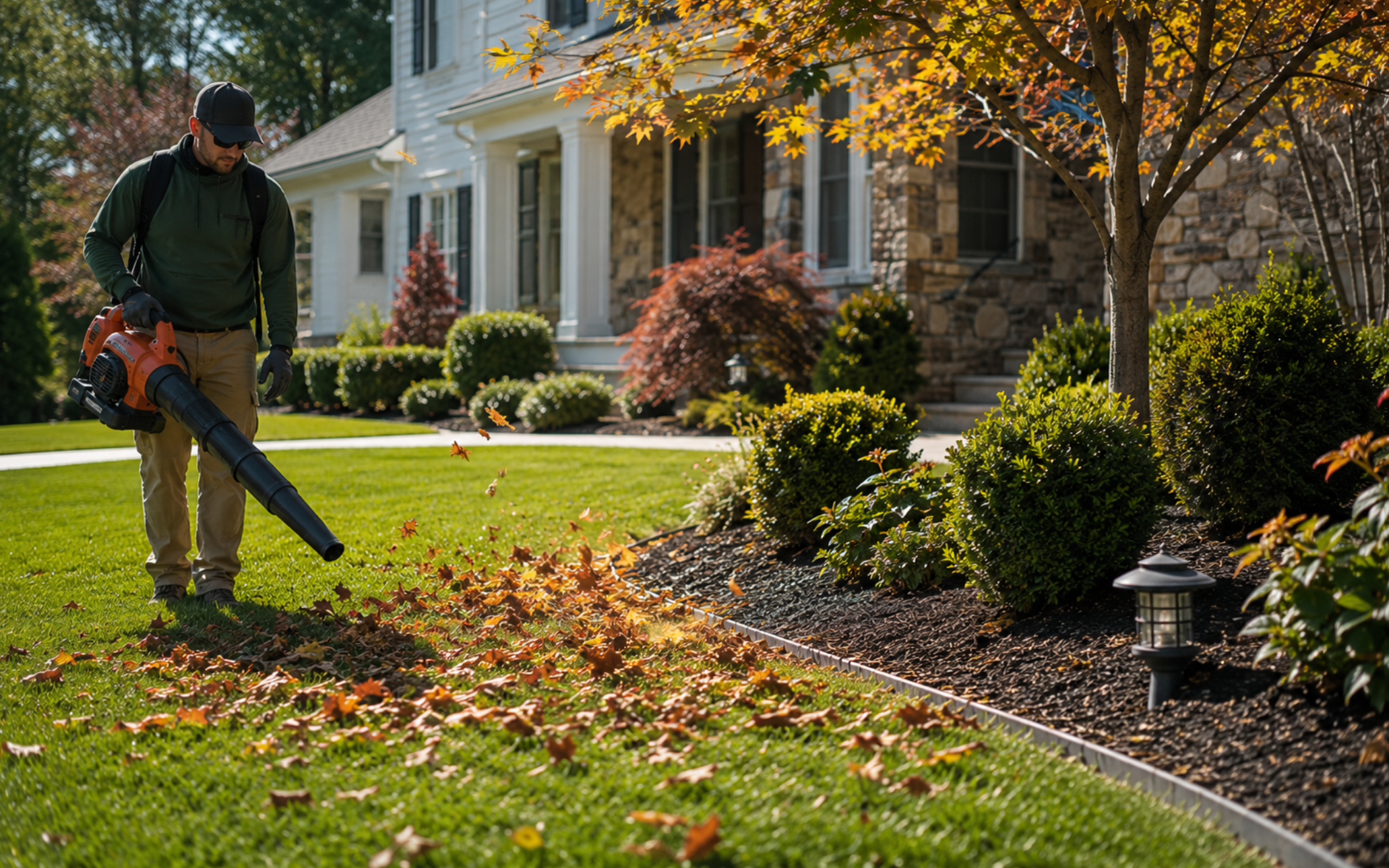 Professional spring and fall yard cleanup with leaf removal and landscape bed maintenance in Loudoun County, VA.