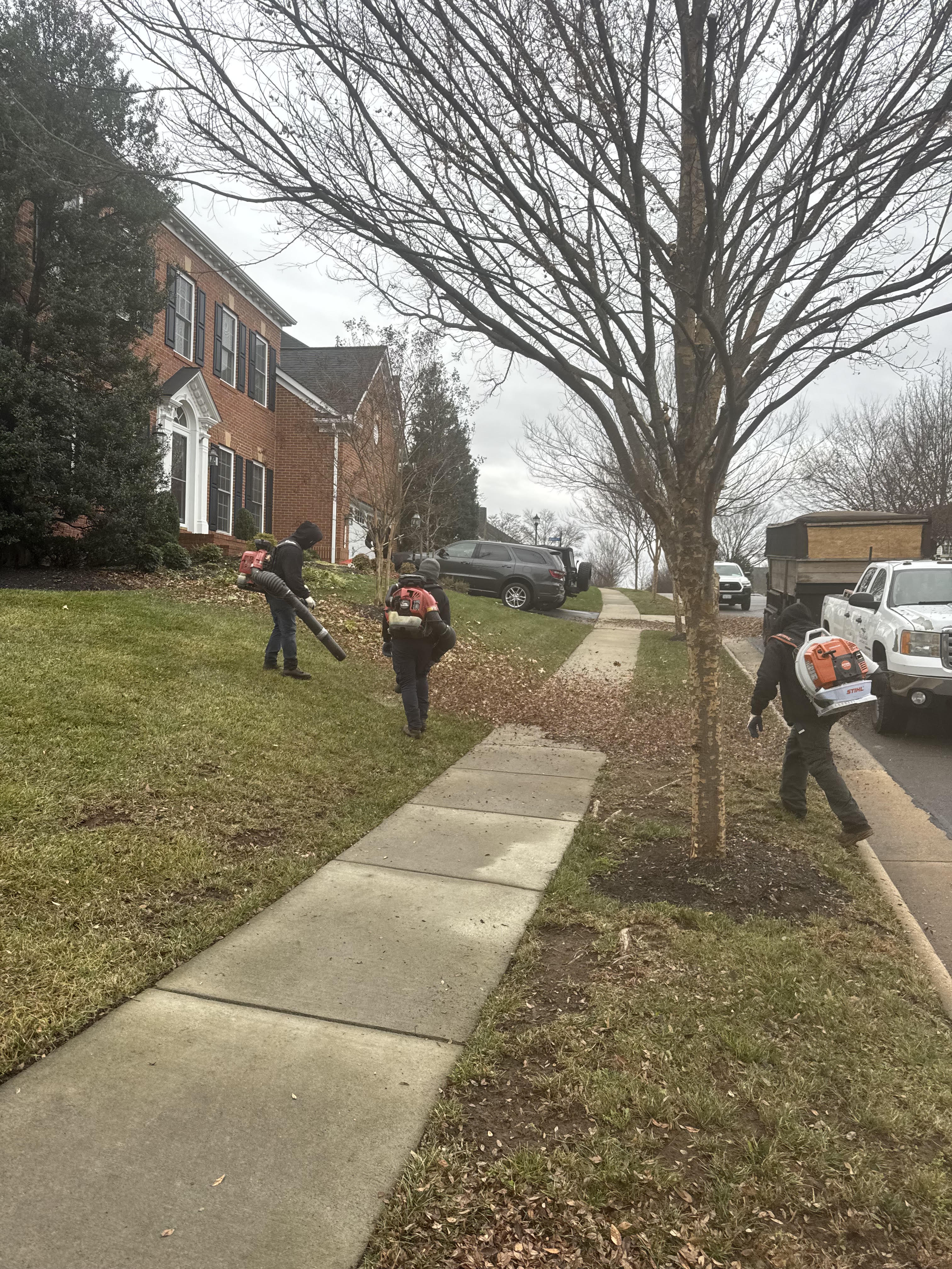 The Blade Lawn Care crew clearing leaves from a front lawn and sidewalk with backpack blowers